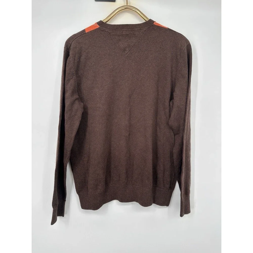 Vintage TOMMY HILFIGER MEN'S‎ PULLOVER Sweater Brown Orange Long Sleeve V-NECK